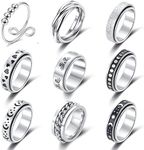 MOROYA 9Pcs Stainless Steel Spinner Band Rings for Men Women Fidget Rings for Anxiety Stress Relieving Moon Star Cuban Link Chain Ring Spiral Beads Rotate Ring Set, Metal, metal,