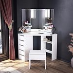 ELEGANT Corner Dressing Table Set, Makeup Desk with 3 Angle Mirror and 5 Drawers, White Corner Desk with Cushioned Stool, Large Storage Vanity Table for Girls