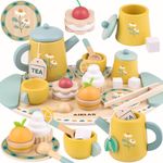 Airlab Tea Sets for Toddlers 3-5 Girl Birthday Gift 2 Year Old Princess Party Wooden Play Food Toy Sets for Kids Kitchen Accessories Age 3 4 5 6 Wood Educational Toys