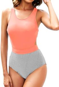 Tempt Me Orange Stripe One Piece Swimsuits Tummy Control Cutout Bathing Suit for Teen Girls Zip Up Monokini L