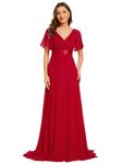 Ever-Pretty Women's Double V-Neck Short Flutter Sleeves Empire Waist Elegant Chiffon Long Evening Dresses Red 10UK