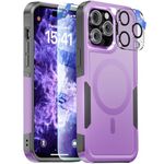 RFUNGUANGO For iPhone 15 Pro Max Case Compatible with Magsafe, with 2x Tempered Glass Screen Protector, 2x Camera Lens Protector, Hard PC&Soft TPU 2 in 1 Shockproof Heavy Dropproof Design, Pale Purple