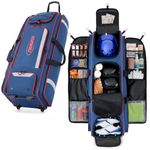 Fanwoli 100L Rolling Baseball Catchers Gear Bag - Large Softball Equipment Duffle with Wheels, Locker-Style Organizer with 5 Fence Hooks, Multi Pockets, Holds 8 Bats, Vented Shoe Zone, Pro Navy