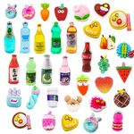 MEMOVAN 50pcs Miniature Food Drink Bottles Dollhouse Soda Pop Cans Pretend Play Kitchen Cooking Game Party Accessories Toys Mini Fake Cake Fruit Vegetable Bread Doll House Landscape