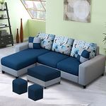 Casaliving Rolando 4 Seater Left Hand Side L Shape Sofa Set for Living Room with Center Table & 2 Puffy - (Blue Grey Fabric) Premium Fabric Sofa Set