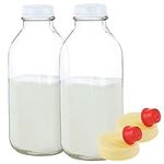 Kitchentoolz 32 Oz Square Glass Milk Bottles with Lids, Perfect Glass Milk Container for Refrigerator - 1 Liter Glass Milk Jugs with Tamper Proof Lid and Pour Spout - Pack of 2