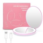 wobsion Compact Magnifying Mirror,Rechargeable 1x/10x Magnification Travel Mirror with Light,Small Makeup Mirror,Pocket Mirror for Purse,Handbag,Handheld 2-Sided Mirror,Dimmable,Gifts for Girls,Pink