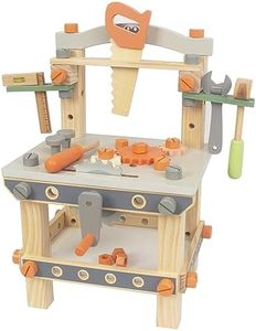 WoodenEdu Wooden Tool Workbench for Kids,Pretend Play Tool Bench Workshop with Wrench, Screwdriver, Miter Saw and Hammer,Educational Gift for Age 3 and Up (Medium Bench)