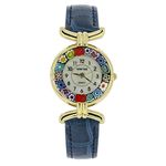 Glass Of Venice Murano Glass Millefiori Luxury Women's Watch with Leather Band - 7/8 Inch Face, Blue Band, Multicolor Millefiori Face. Made in Italy