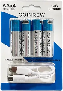 Coinrew High-Capacity AA Lithium-Ion Rechargeable Batteries - 2830mAh, 4255mWh, USB-C, 4-Pack with 4-in-1 Charging Cable - Long-Lasting Power for High-Drain Devices