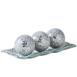 KMWARES 12.4” Mosaic Glass Decorative Tray Dish Plate with 3pcs 3" Decorative Orbs Balls Sphere Decor for Living Room or Dining Table Coffee Table Mantle Decor Centerpiece (Silver)