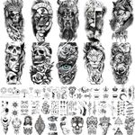 BUXIUGAN Temporary Tattoos, 50 Sheets fake tattoos for Men Women Adults, 10 Large 3D Realistic Half Sleeve Temporary Tattoos, 40 Tiny Prisoner Tattoos With Skull Skeleton Animals Faux Tattoos Stickers (A)