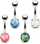 FIFTH CUE 14G Opal Glitter Prong Set 316L Surgical Steel Belly Button Ring (synthetic opal) (4pc Combo Set)