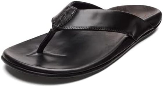 OluKai Auinala Men's Sandals, Leather, Lightweight Flip-Flop Slides, Compression Molded Footbed, Black/Black, 10