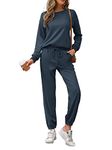 REORIA Womens Long Sleeve Crewneck Solid Color Two Piece Outfit Hoodie Jogger Tracksuit Set Sweatshirt & Sweatpants Navy Blue M