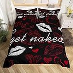 Sexy Lips Comforter Cover Funny Get Naked Bedding Set for Couple Lover Kiss Duvet Cover White Red Woman Mouth Pattern Decor Bedspread Cover Room Decor Queen Size Quilt Cover 3Pcs