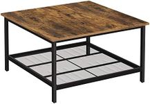 Vasagle Coffee Table, Square Cocktail Table with Spacious Table Top, Robust Steel Frame and Mesh Storage Shelf, Industrial Style, for Living Room, Rustic Brown and Black