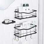 KINCMAX Shower Caddy and Soap Holder, Rustproof SUS304 Stainless Steel, Adhesive Wall Mount Double Baskets 2-pack with Hooks (Matte Black)