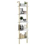 NUMENN Industrial Ladder Shelf, 5 Tier Book Shelf, Open Space Wall Mount Bookshelf with Metal Frame, Sturdy Book Shelves, Bookcase for Living Room, White and Gold