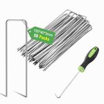 Graxury 6 Inch Heavy Duty 11 Gauge Garden Pins Stakes - Galvanized Steel Staples Securing Pegs for Securing Anchoring Weed Fabric Landscape,Netting and Tubing with 1 Pick Hook (Staples, 50Packs)