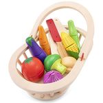 New Classic Toys 10589 Vegetable Basket with 8 Kitchen Accessories for Kids, Montessori, Wooden, Toy, Play Food-1 Set of 9 Pcs, Multi-Colour Colour