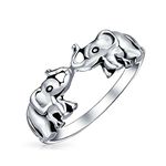 Good Luck Trunk Up Zoo Animal Two Elephants Ring For Women For Teen Oxidized .925 Sterling Silver