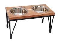 Sugan Acacia Wood Stripe Pet Feeder Crate with Stainless Steel Two Bowls Stand for Dog's & Cat Food (Medium)