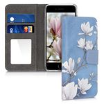 kwmobile Case Compatible with Apple iPhone SE (2022) / iPhone SE (2020) / iPhone 8 / iPhone 7 - Cover with Card Slots and Mirror - Magnolias Taupe/White/Blue Grey