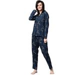 Drape In Vogue Cotton Night Suit with Deer Printed, Full Sleeves Night Wear Pyjama Set for Women/Girls - (Color - Blue)