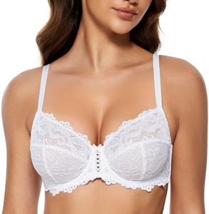 Wingslove Women's Sexy Lace Bra Non Padded Underwire Unlined Bra Full Coverage Plus Size Lace Bralette (White, 36DDD)
