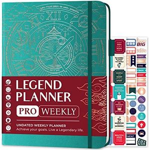 Legend Planner PRO - Deluxe Weekly & Monthly Life Planner to Increase Productivity and Hit Your Goals. Time Management Organizer Notebook - Undated - 7 x 10 Hardcover + Stickers - Viridian Green