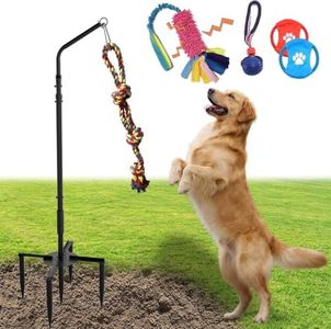 Outdoor Tug of War Dog Toy for Self Play and Interactive in Park Yard Lawn Tether Dog Rope Toy with 3 Kinds ropes and 2 frisbees Adjustable Height Dog Spring Pole Toy Rack for Large Medium Small Dogs
