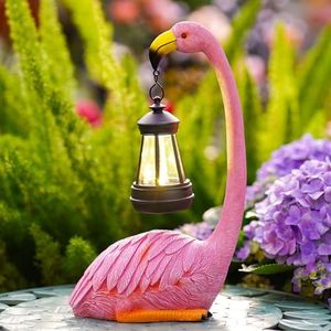 Solar Flamingo Statues for Garden Decor: Outdoor Figurines Sculpture with Lantern, Fairy Garden Loving Flamingo for Garden/Lawn/Patio/Yard/Balcony- Unique Gifts for Mom/Grandma(Pink Flamingo)