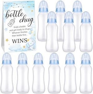 TrelaCo Cool Baby Shower Games 12 Pcs Baby Bottles and Bottle Chug Sign Greenery Baby Gift Sets Gender Reveal Party Favors Shower Favor for Baby Shower Games Gender Reveal (Blue,Elephant)