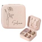 Personalised Jewellery Box Gifts for Women Custom Birthday Christmas Travel Jewellery Box Gifts with Birth Flower Leather Jewellery Organiser with Any Name for Her Wife Daughter (Baby Pink)