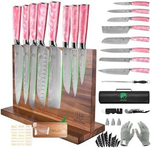 FULLHI 15pcs Japanese Knife Set with Magnetic Knife Block Holder, Stainless Steel Blades, Pink Resin Ergonomic Handles for Professional and Home Cooking
