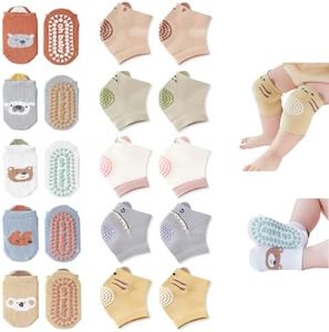 WATOCHE Baby Crawling Knee Pads and Socks with Anti-Slip Grips 10 Pairs Unisex Baby Toddler Nonslip Kneepads & Ankle Floor Socks(10 Pairs-Colorful Animal,1-3T)