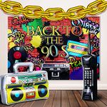 90s Party Decorations Supplies Includes Inflatable Radio Boombox Backdrop Inflatable Mobile Phone and 16 Inch Gold Foil Chain Balloons for Cosplay Prop Hip Hop Party