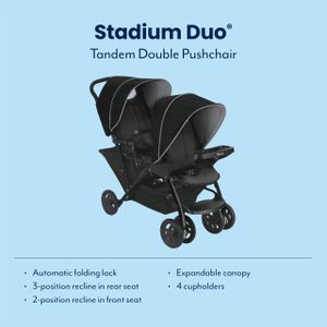 Graco Stadium Duo Tandem Double Pushchair – Car Seat Compatible, Black/Grey