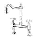 JASSFERRY Classic Bridge Mixer Tap Chrome Crosshead Handles Deck Mounted Monobloc Traditional 2 Hole Kitchen Sink Faucet with Swivel Spout