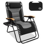 Northroad Oversized Zero Gravity Chair 29In XL Padded Folding Recliner Chair for Indoor Outdoor Backyard w/Headrest, Wooden Armrest,Cup Holder, Side Tray,Support 400lbs,Black/Gray