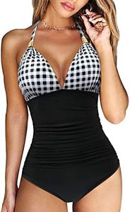 RXRXCOCO Women V Neck One Piece Swimsuits Tummy Control Ruched Swimwear Halter Bathing Suit, 1 Black Plaid, X-Large