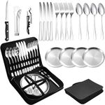 KEYOZA Camping Silverware Set with Case, 10piece Mess Kit with Stainless Steel Plates Spoons Knives Forks Wine Opener for 2, Portable Cutlery Set, Picnic Eating Utensils Set, BBQs Travel Hiking