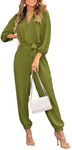 PRETTYGARDEN One Piece Jumpsuits For Women 2024 Fall V Neck Long Sleeve Belt Pockets Long Pants Romper Casual Dressy (Olive Green,Small)