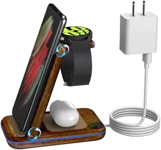 Wireless Charger for Samsung/Android, HOLYJOY Foldable 3 in 1 Fast Charging Station/Stand/Multi Charger for Samsung S25 Ultra/S24/Note 20, Travel Pad for Galaxy Watch 8/7/6/5/Active 2, for Buds(Wood)