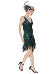 MISSCHEN Women's Deep V Neck Spaghetti Strap Slip Mini Short Dress 1920s Flapper Dress Gatsby Dress, Dark Green, Large