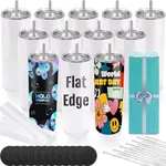 Joyclub 12 Pack Sublimation Tumblers 20 oz Bulk Blank Tumblers Skinny Straight Flat Bottom Cups White with Lid and Straw