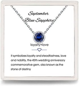 Presentski Blue Sapphire Birthstone Necklace for September Sterling Silver CZ Created Sapphire Halo Sep Birthstone Pendant Necklaces