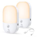 Suright LED Night Light, 2 Pack Type-C Rechargeable Motion Sensor Light, 3 Modes (AUTO/Off/ON) and 5 Levels Dimmable Brightness, 2800K Warm White Cupboard Lights for Wardrobe, Stair, Hallway, Bedroom