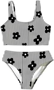 RoseSeek Girl's 2 Piece Striped Bowknot Swimsuit Set Wireless Cute Bathing Suit Summer Beachwear Bikini Sets Multicolor Black 8Y